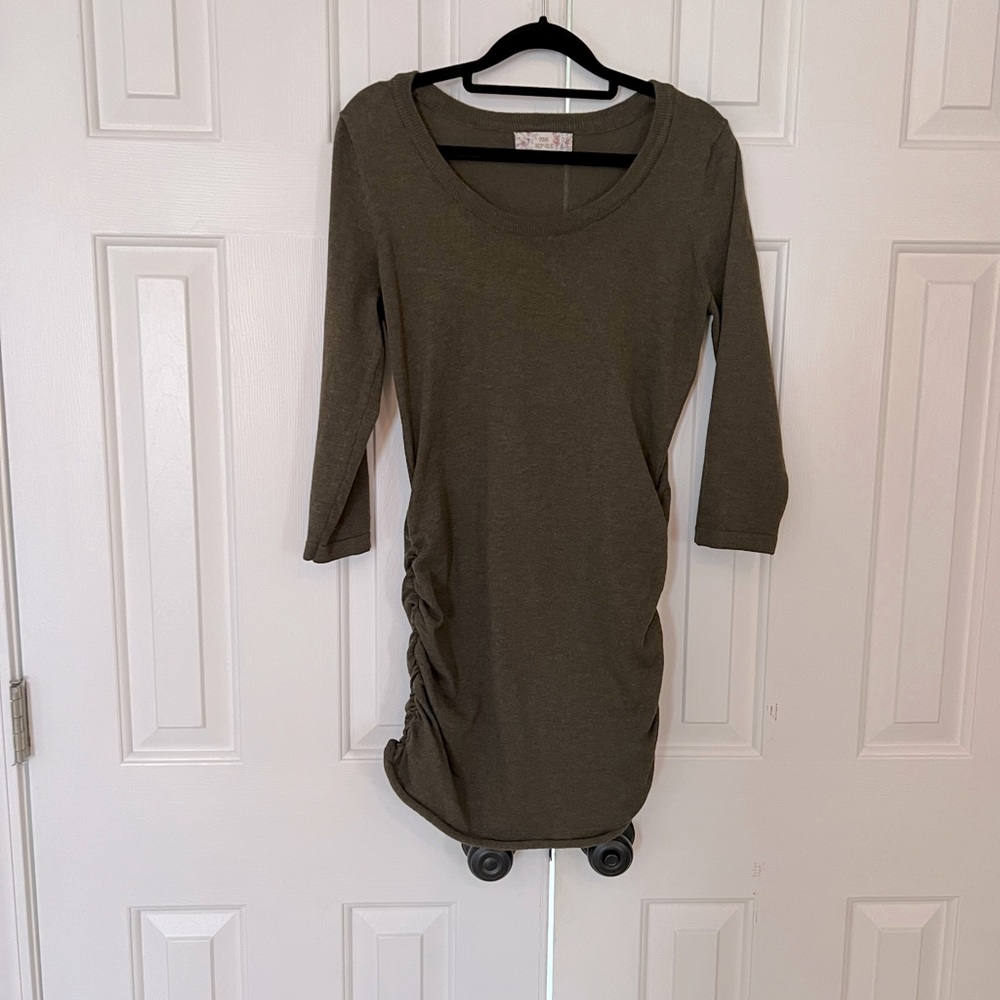 Pink Republic Women's Side Ruching Knit 3/4 Sleeve Sweater Dress- Olive